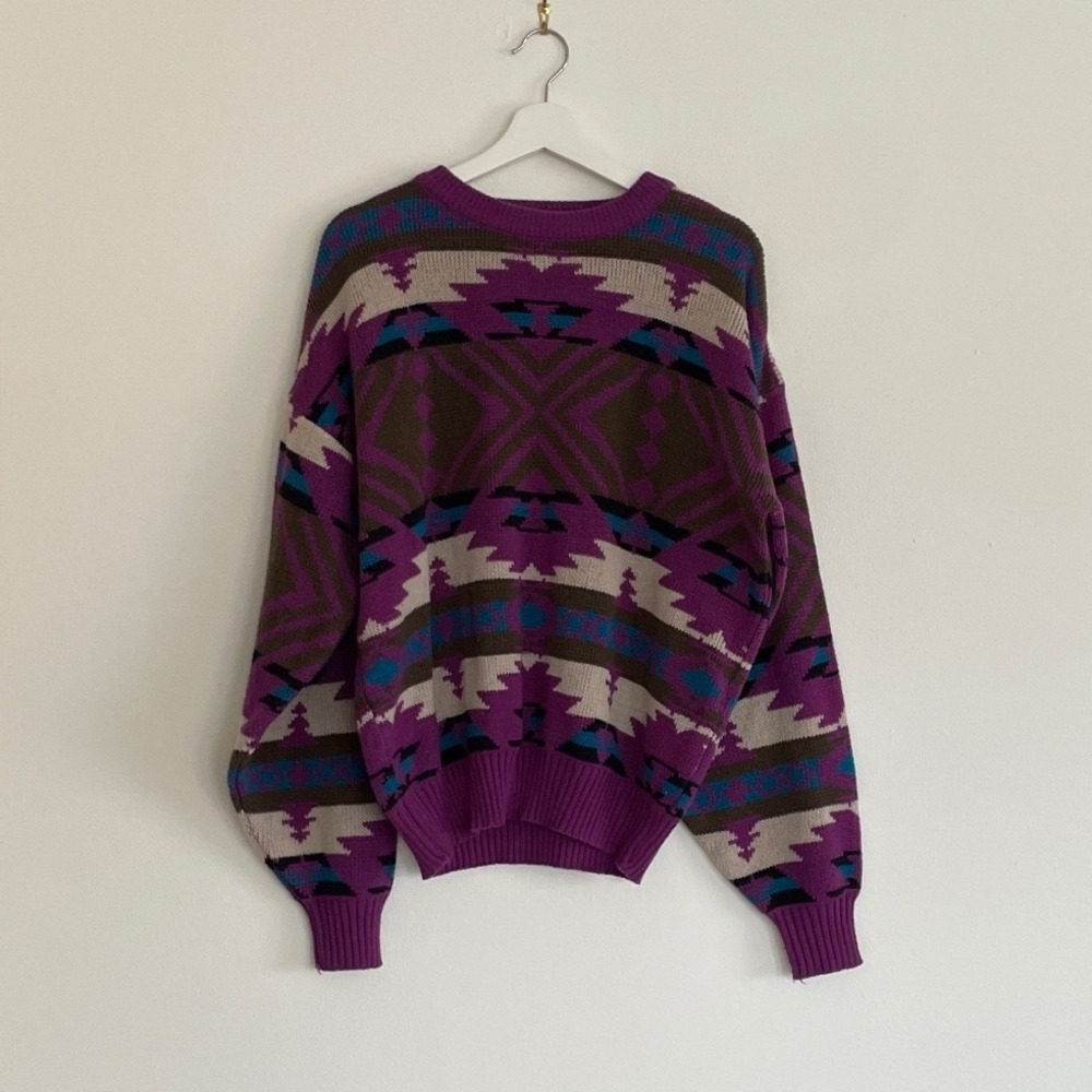 Vintage 1990s‎ Southwestern Geometric Knit Sweater Purple Mens Large Western